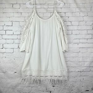 Willa Dress White Lace Floral Fringe Cold Shoulder Tunic Cover Up Small Half Sle